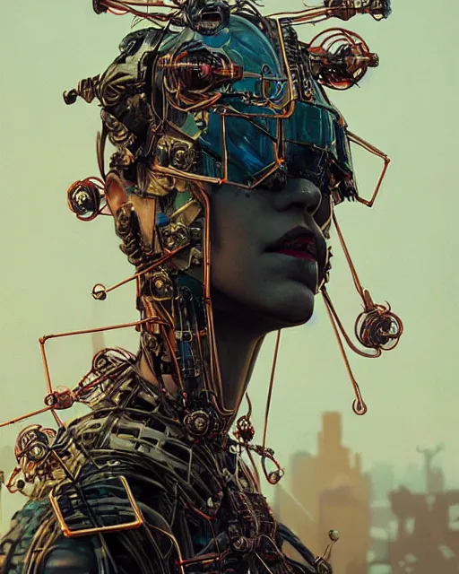 Prompt: grimes!! [ in cyberpunk attire ]!!, made of wires and metallic materials!!, digital art, afrofuturism, tarot card, 4 k, digital art, illustrated by greg rutkowski, max hay, rajmund kanelba, cgsociety contest winner