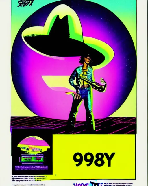 Image similar to laser disk cowboy, 1 9 8 0's magazine ad, vapor wave aesthetic