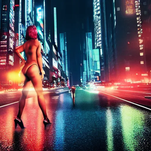 Prompt: city of the future, many skyscrapers, blade runner style, hyper-realistic, octane render, realistic, real, street, night, rain, wet beautiful girl wearing a red bikini top and red bikini bottom with blue hair walking away with green rim light, cinematic, 8k, very intricate, 80's