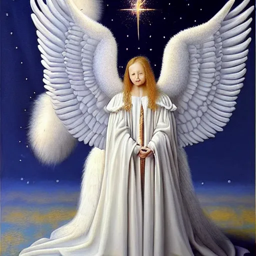 Image similar to highdetailed hyperrealistic painting of white angel!!! no gender!!!, giant ball of miracle light from the chest!!!!!, white sparkles everywhere, 4 k hd fur face!!!, big wings, by jan van eyck, holography space, glow effect, large strokes, soft and clean, white monochrome color!!!!!