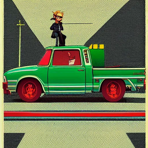 Image similar to a japanese print of « clint eastwood » gorillaz album cover, green pickup car, art by akira toriyama - ralph mc quarrie - jamie hewlett