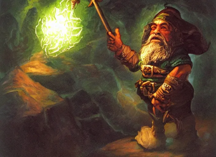 Image similar to a dwarf sorcerer holding a gigantic glowing emerald. dramatic lighting. high fantasy art ( 1 9 8 7 )