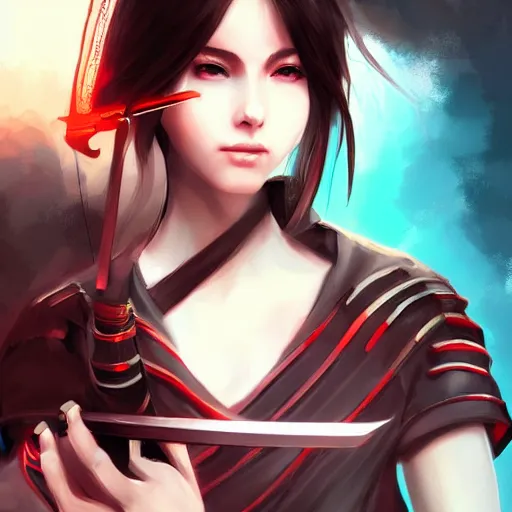 Image similar to Young cyberpunk samurai lady holding a sword, digital painting, anime style, Artstation, by Artgerm