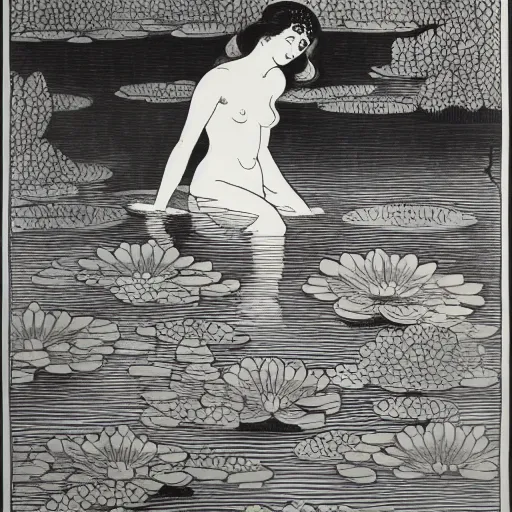 Image similar to A girl bathes in a lake where water lilies are floating, lithography by Aubrey Beardsley, High definition, detailed,