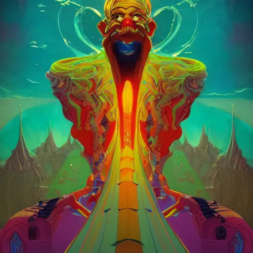 Prompt: colourful breathtakingly weird beautiful powerful magical wonderfully majestic beautifully cool character by michael whelan and moebius and beeple and dan mcpharlin and pascal blanche and jamie hewlett and richard dadd, symmetrical, serene expression, magical stormy reflections, smoke on water, 8 k artstation