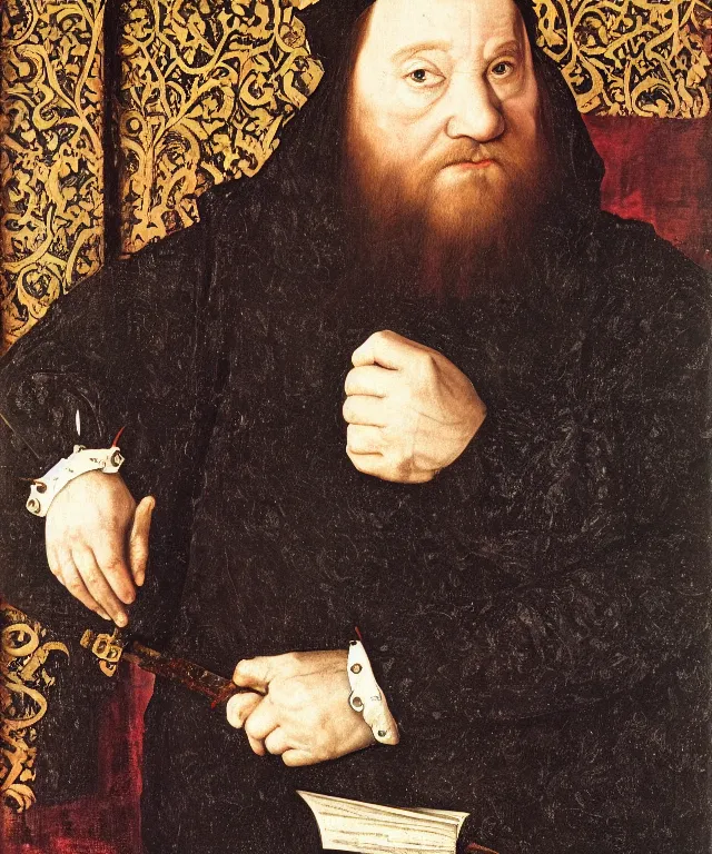 Prompt: a portrait of a writing fantasy dwarf tudor lawyer wearing black by hans holbein, highly detailed, oil on canvas