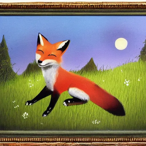 Image similar to A fox playing the piano in a meadow in the forest during the night under the moonlight, children’s book oil painting