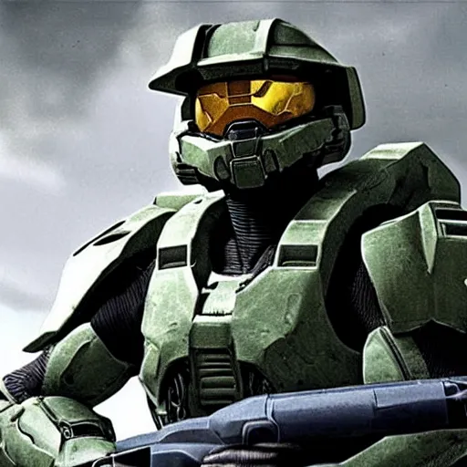 Prompt: Historical photo of the Master Chief from Halo fighting in WWII, cinematic, highly detailed