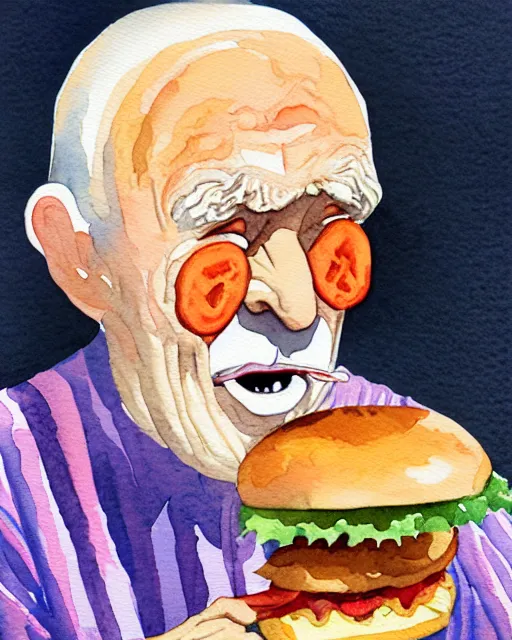 Image similar to watercolor picture of an old man eating hamburger, low key