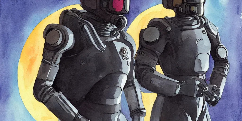 Prompt: male, full body, modern space suit, intriguing helmet, very stylized character design, the expanse tv series, large shoulders, short torso, long thin legs, tiny feet, science fiction, hyperdetailed, technical suit, dieselpunk, watercolor digital painting, in the style of mike mignola, by alex maleev, jean giraud