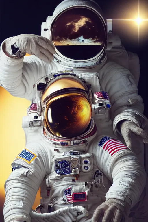 Prompt: extremely detailed studio portrait of space astronaut taking a selfie, holds a smart phone in one hand, phone!! held up to visor, reflection of phone in visor, moon, extreme close shot, soft light, golden glow, award winning photo by michal karcz and yoshitaka amano