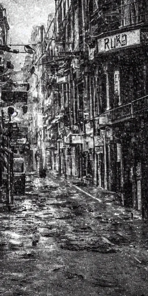 Image similar to dark streets of the diesel punk. Wet stone road. Dirty smoke, narrow streets. People in the gas masks. Gloomy place. Oil spills on the street. Deposing colors.