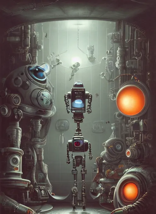 Prompt: highly detailed wide - angle, portrait of a retro robot deep space explorer, unreal engine, nicoletta ceccoli, mark ryden, earl norem, lostfish, global illumination, detailed and intricate environment