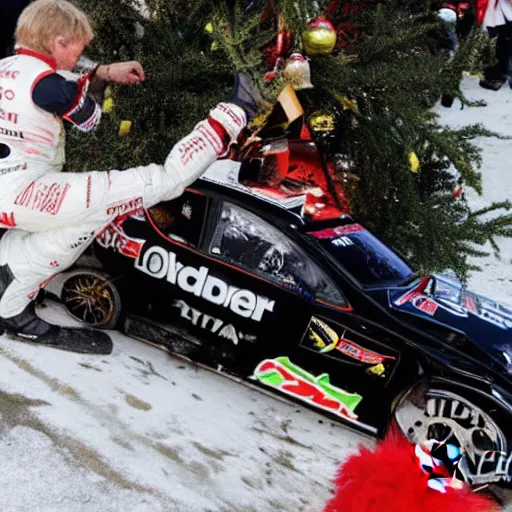 Prompt: Petter Solberg after he crashed into the christmas tree