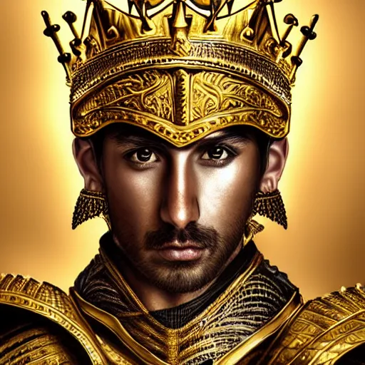 Image similar to Hyper-realistic portrait of the King of the Desert, Warrior at war, battle field, Gold Armour and Crown, Sword, handsome attractive face, attractive young man, beautiful face, photo realistic, dramatic lighting, majestic, trending on artstation, elegant, intricate, highly detailed, digital painting, concept art, sharp focus, illustration, art by artgerm and greg rutkowski and alphonse mucha