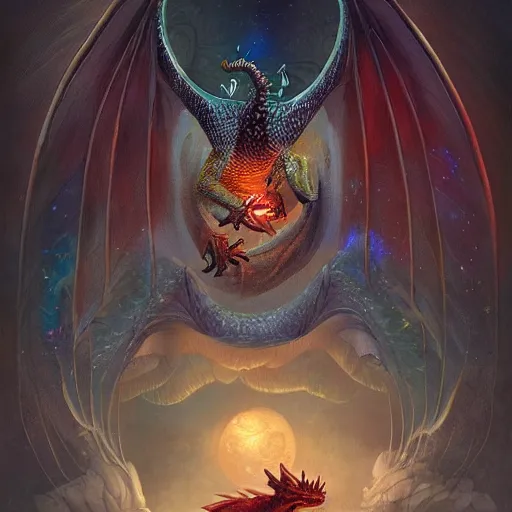 Image similar to a hyperrealistic illustration of a cute dragon that glows in the dark, mountains with fractal moonlight, little dragon with glowing scales, award - winning, masterpiece, in the style of tom bagshaw, cedric peyravernay, peter mohrbacher