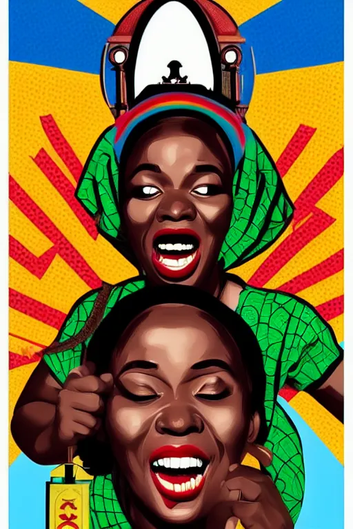 Image similar to mama africa laugh at her child!!! pop art, pixel, bioshock, gta chinatown, artgerm, richard hamilton, mimmo rottela, julian opie, aya takano, avoid object duplicate!!! avoid object stick to each other!!!