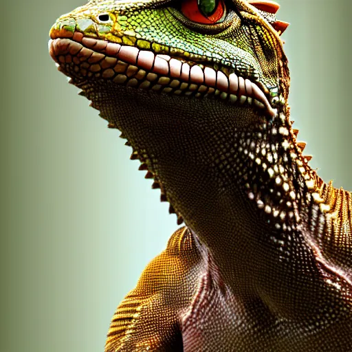 Image similar to a highly detailed portrait of a lizard man with bright scaly skin, 8 k, 4 k, highly detailed, sharp,