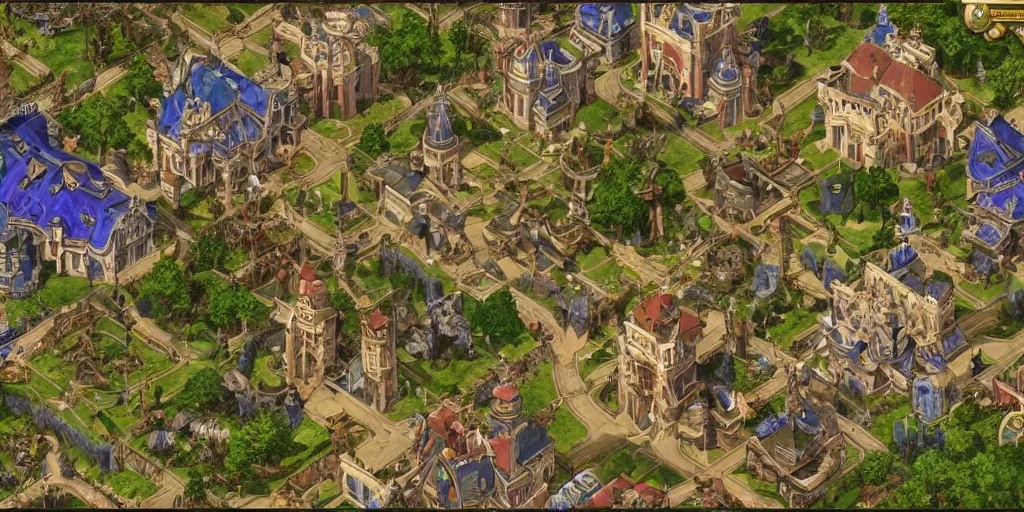 Prompt: art nouveau real time strategy in style of Pre Rafael, gameplay, units, buildings, base, medieval, fantasy, bright colors, high contrast, high detailed, Art Deco, Age of Empires 2, Warcraft 3 gameplay, Battle for MidlleEarth, Stronghold