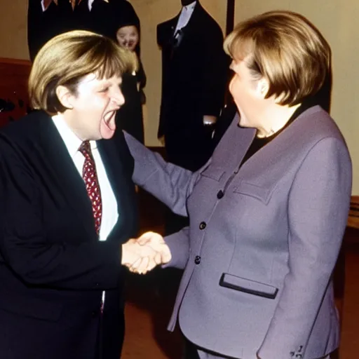 Image similar to angela merkel shaking hands with michael jackson while screaming and shouting