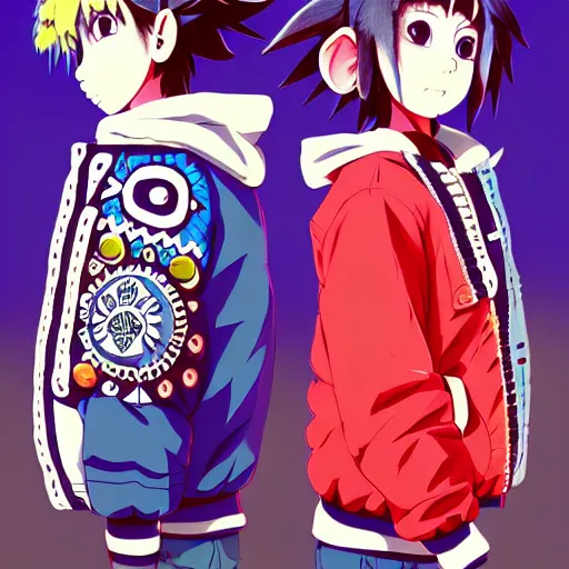 Image similar to majora majora's mask wearing oversized mayan bomber jacket with overalls, bulky poofy bomber jacket with mayan patterns, aztec street fashion, genshin impact art style, gapmoe yandere grimdark, trending on pixiv fanbox, painted by greg rutkowski makoto shinkai takashi takeuchi studio ghibli, akihiko yoshida