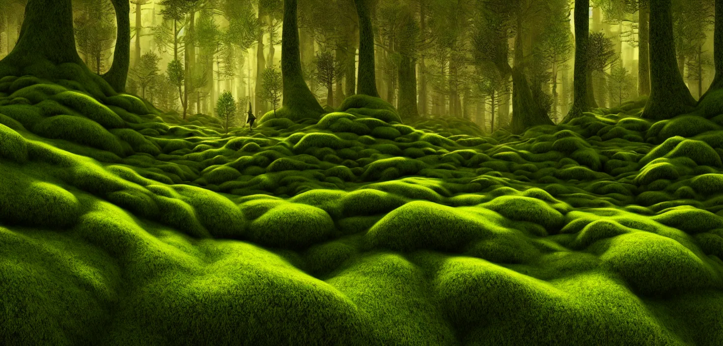 Image similar to random forest landscape, moss, incredible, vector art, octane render, fabulous, hyper detailed, random cinematic view, no noise, global illumination, warm lighting, volumetric, godrays, vivid, beautiful, by brian miller