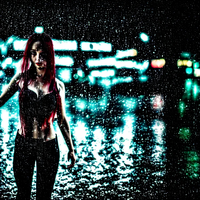 Prompt: a photo close up cyberpunk woman dance in rain, cyberpunk gunma prefecture, midnight, photorealistic, cinematic lighting, highly detailed, bokeh, style by tomino - sama