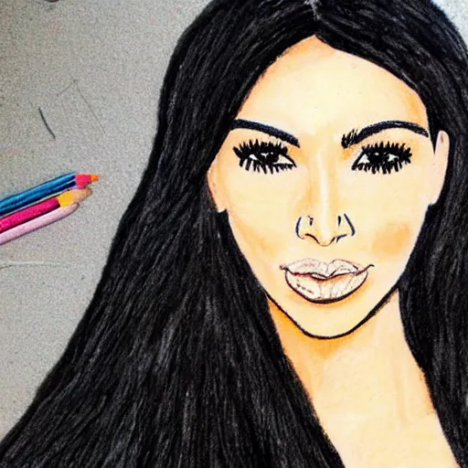 Image similar to Kim Kardashian poorly drawn in wax crayon by a five-year old