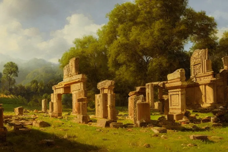 Image similar to temple ruins on a field with hills and trees in the distance, very detailed, focused, oil painting, colorful, canvas, artstation, Antoine Pierre Mongin