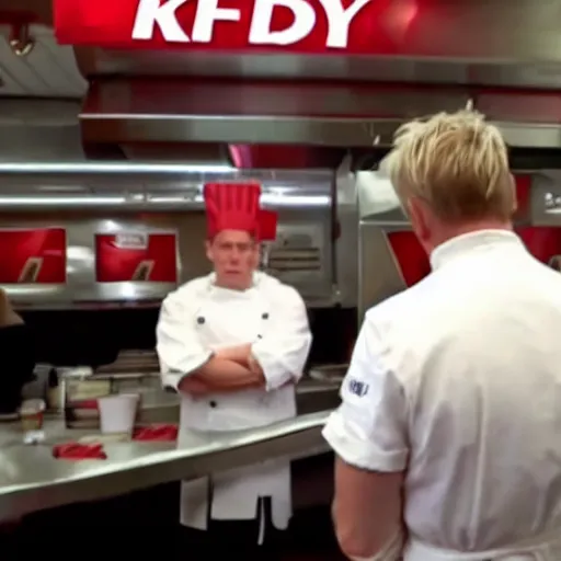 Image similar to gordon ramsay yelling at kfc employees in the kfc kitchen on kitchen nightmares. the employees are lined up and in their kfc uniforms.