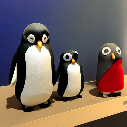 Prompt: pingu, pingi, pingg and Robby visit an art gallery, clay sculptures, sculptures of penguins, white gallery, igloo, contemporary art, photorealistic