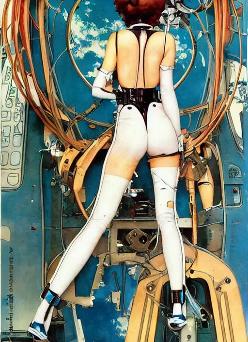 Prompt: a copic maker art nouveau portrait of an anime waifu on a futuristic latex pilot suit by john berkey norman rockwell