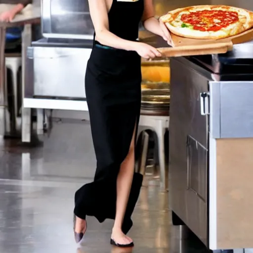 Image similar to Gal Gadot wearing a long black dress and flipping pizza dough in a pizzeria.