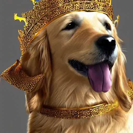 Image similar to Photomanipulation of golden retriver is dressed as a king, ultrarealism, photorealism, detailed, crown and gown