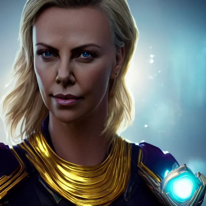 Prompt: portrait of ((((Charlize Theron)))), wearing The Infinity Gauntlet. SNAP. intricate artwork. octane render, trending on artstation, very coherent symmetrical artwork. avengers. thanos. cinematic, hyper realism, high detail, octane render, 8k, iridescent accents