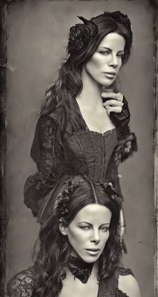 Image similar to digital collodion photograph, a beautiful portrait of Kate Beckinsale dressed in victorian era clothes