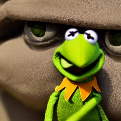 Prompt: Kermit the frog at the shooting range, high detail 4k image