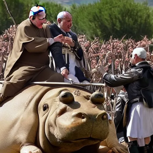 Image similar to pope francis rides a hippo against the army of mordor, ultra realistic