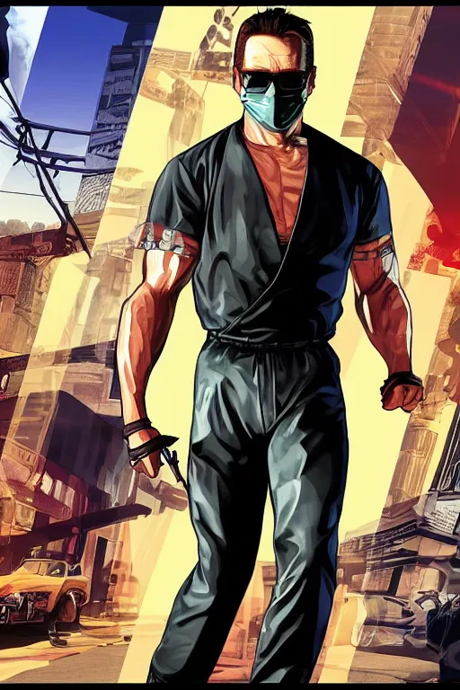 Image similar to GTA V cover art starring Mortal Kombat Character Johnny Cage, starring Johnny Cage