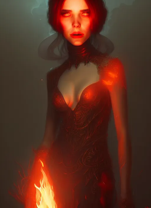 Prompt: satan daughter, outfit, wearing, full body, pyromancer, intricate, elegant, highly detailed, digital painting, artstation, concept art, smooth, sharp focus, illustration, ethereal, misty, cleary see face, by ilya kuvshinov and jeremy mann, 8 k, octane render