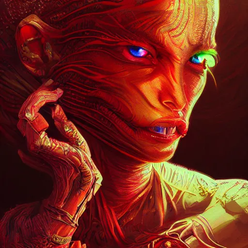 Prompt: artgerm, hyper detailed ultra sharp, trending on artstation, vibrant aesthetic, bloodwave, colorful, psychedelic, greg rutkowski, ornate, intricate, digital painting, concept art, smooth, sharp focus, illustration, h. r. giger, 8 k, uma thurman