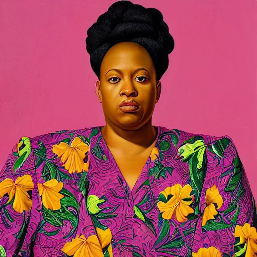 Image similar to A portrait of a thick powerful and pretty non-binary person, oil painting by Kehinde Wiley, majestic, detailed, high resolution