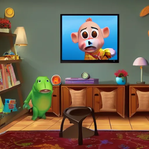 Prompt: a baby hippo lives in a cozy house. it likes to watch tv in the family room. digital art. pixar. toy story.