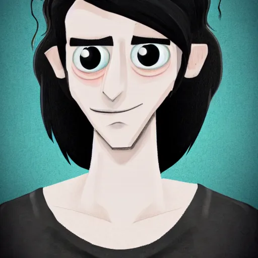 Image similar to young man portrait, black hair, skinny, sleep deprived, corpse bride art style