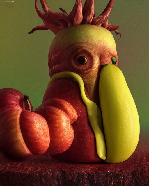 Prompt: a fruit figurine monster, apple head, banana hair, surrealist oil painting, highly detailed, dramatic lighting, hyperrealistic, 8 k, artstation, cgsociety