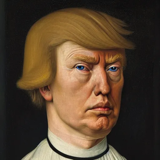 Image similar to a portrait of Donald Trump, facing front, by Rogier van der Weyden, oil painting, anatomically correct, beautiful perfect face, sharp focus, Highly Detailed, Cinematic Lighting, 8k, HD