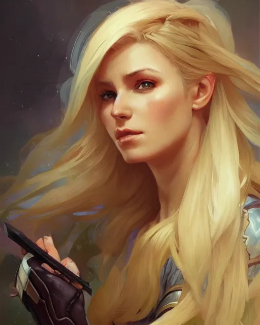 Image similar to '' Portrait of Beautiful blonde Slavic woman, league of legends, LOL, fantasy, d&d, digital painting, artstation, concept art, sharp focus, illustration, art by greg rutkowski and alphonse mucha ''