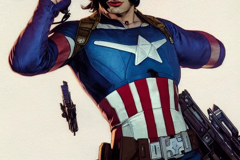 Image similar to gta captain america as aeon flux profile picture by greg rutkowski, dynamic pose, flat matte painting, intricate, futuristic, fantasy, elegant, by stanley artgerm lau, greg rutkowski, thomas kindkade, alphonse mucha, loish, norman rockwell, fantasy lut, asymmetric, long hair, retro computer graphics, video game, fluid lines,