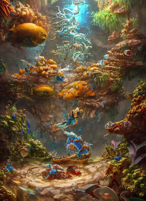 Prompt: people observing lots of beautiful fish in an underground aquarium corridor, in the style of tony sart, fantasy art, ray tracing, water droplets, highly detailed, artstation trend, highly detailed and intricate, sharp focus, photography, unreal engine 5