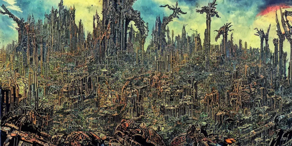 Image similar to post apocalyptic scifi landscape with city ruins, bustling with orcs and elven mystics, by philippe druillet, psychedelic colors